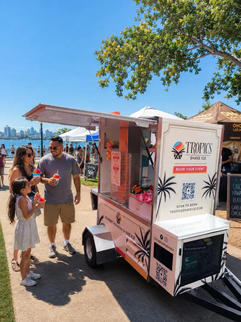 Tropics Shave Ice branded mobile cart, open and ready to serve