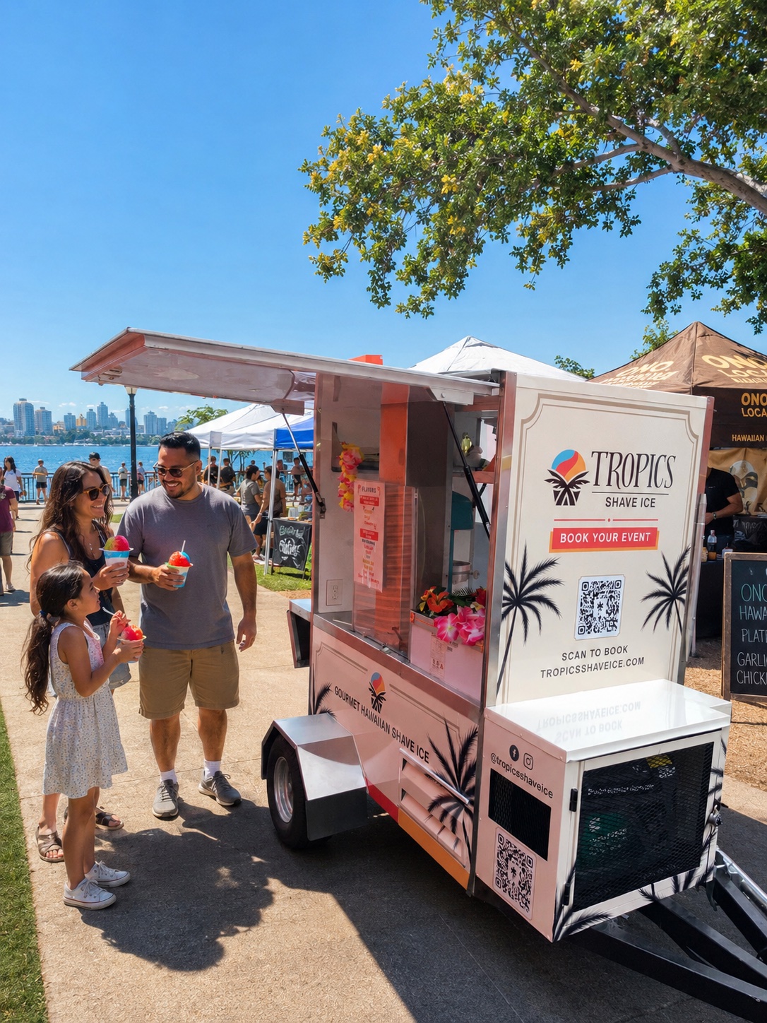 Tropics Shave Ice branded mobile cart, open and ready to serve