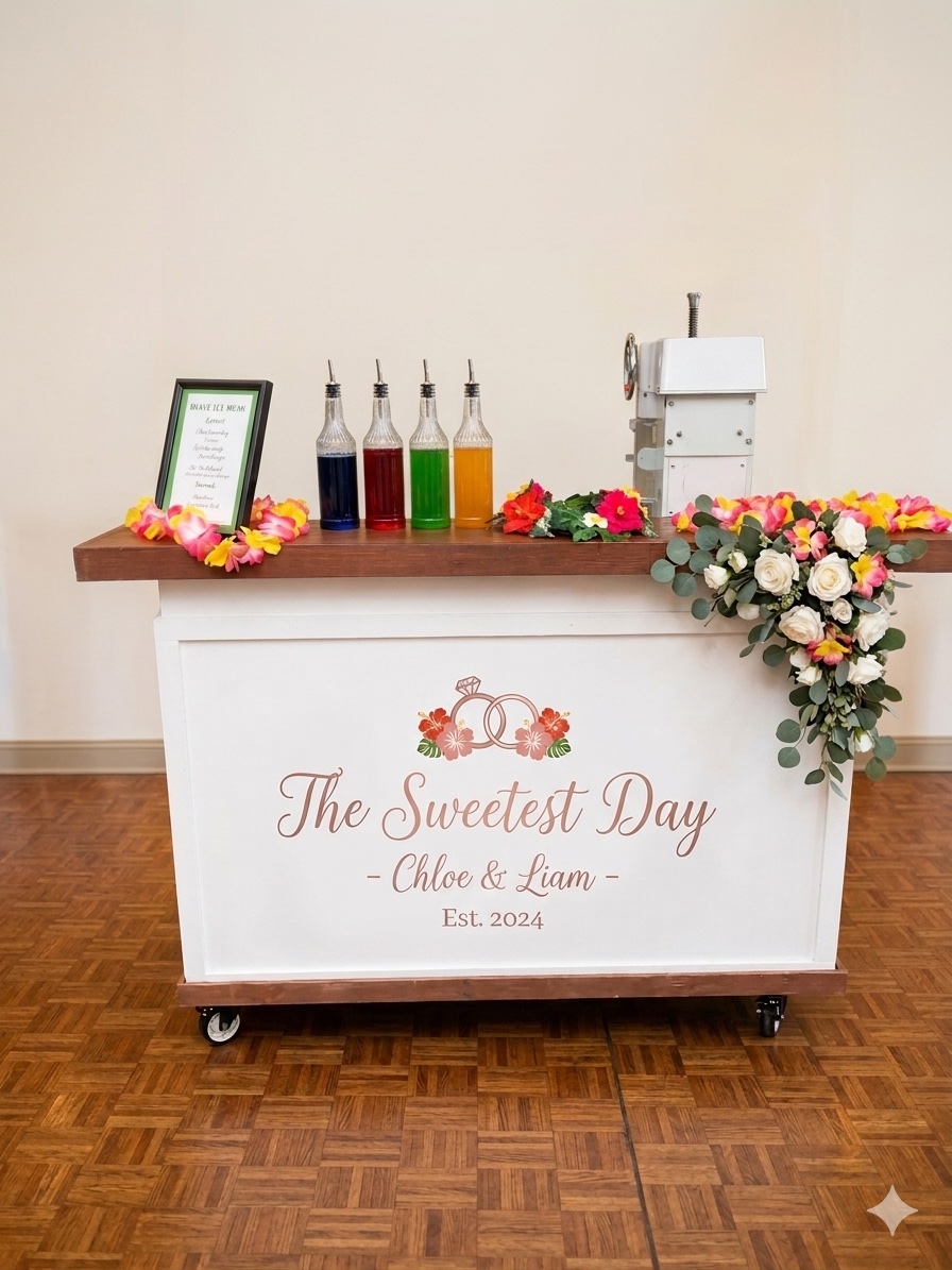 Tropics Shave Ice bar setup at a wedding